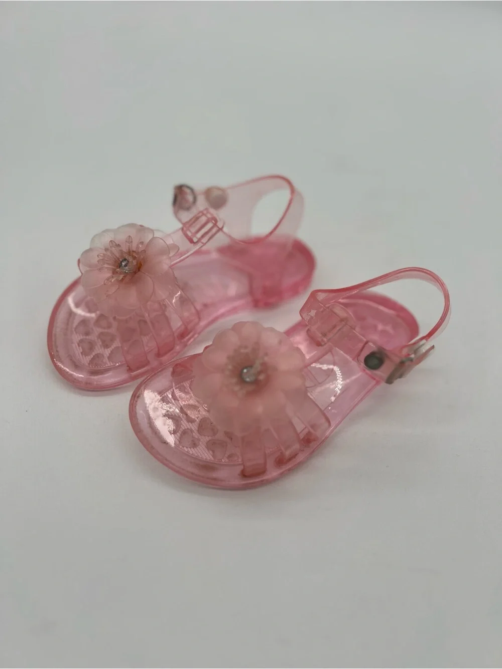Girls Jelly Pink Rubber Sandals Size M 7/8 With Flower Beach Sandals